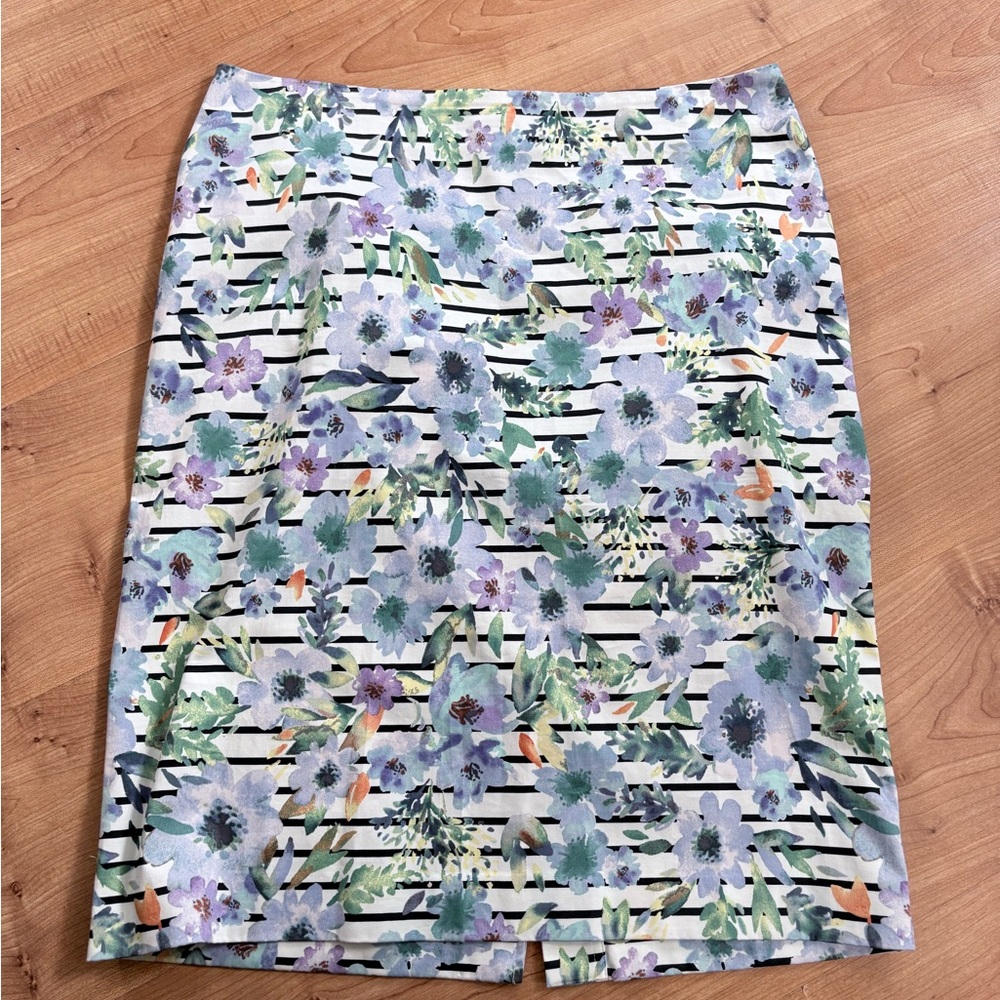 Talbots Lavender Floral & Black Stripe Pencil Skirt